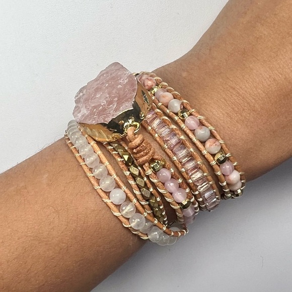 Rough Rose Quartz Long Gemstone Wrap Bracelet - Picture 3 of 6